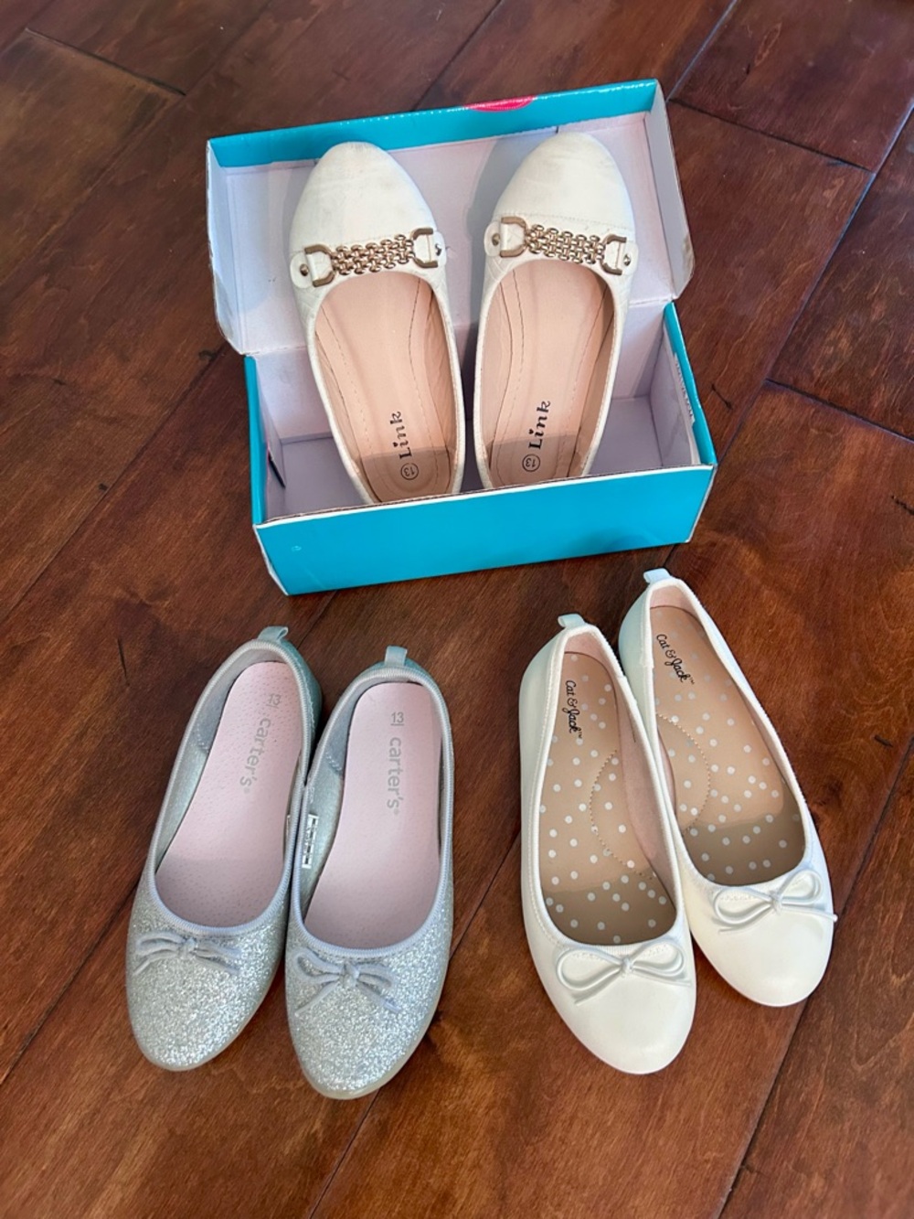 3 pairs of girls size 13 shoes (silver, cream w/ gold accent & cream/off white)